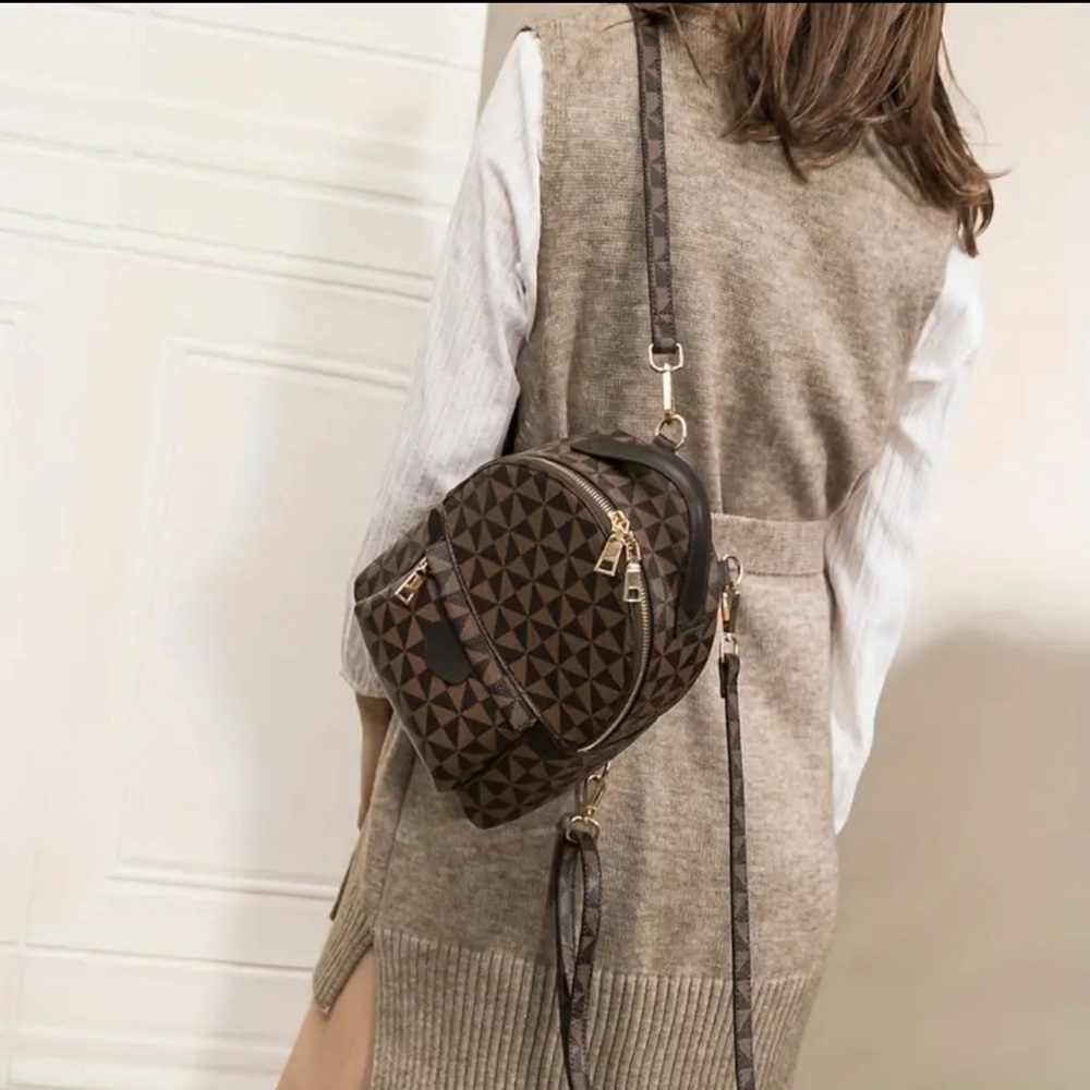Brown Retro Geometric Pattern Structured Backpack - image 4